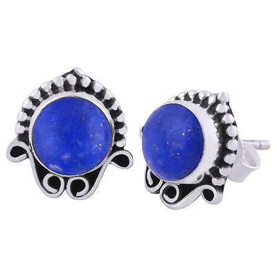 Gorgeous Oxidised Rawa Work Around Lapis Round Shape 925 Sterling Solid Silver Studs Earrings - R6100378-30