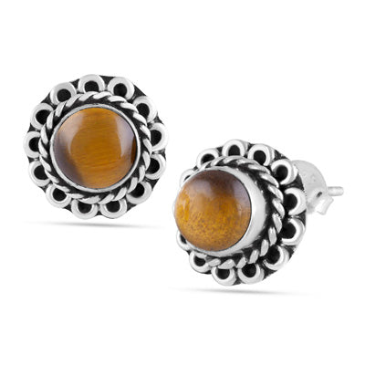 Alluring Oxidised Wire Work Around Tiger's Eye Round Shape 925 Sterling Solid Silver Studs Earrings - R6100379-45