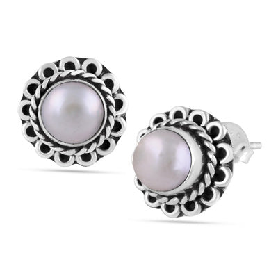 Alluring Oxidised Wire Work Around Pearl Round Shape 925 Sterling Solid Silver Studs Earrings - R6100379-53