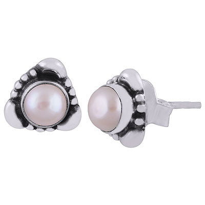 Beautiful Handcrafted Work Around Pearl Round Shape 925 Sterling Solid Silver Studs Earrings - R6100380-76