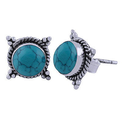 Beautiful Twisted Wire Work Around Turquoise Round Shape 925 Sterling Solid Silver Studs Earrings - R6100383-13