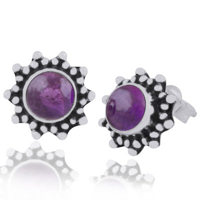 Gorgeous Rawa Work Pattern Around Amethyst Round Shape 925 Sterling Solid Silver Studs Earrings - R6100387-1
