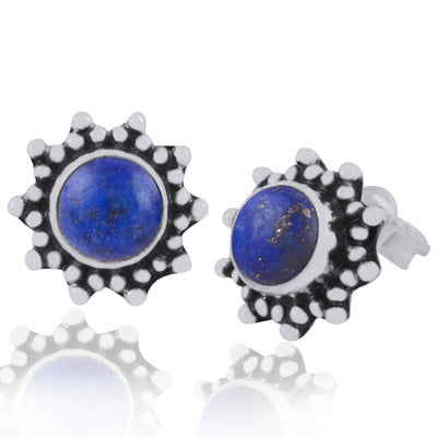 Gorgeous Rawa Work Pattern Around Lapis Round Shape 925 Sterling Solid Silver Studs Earrings - R6100387-28