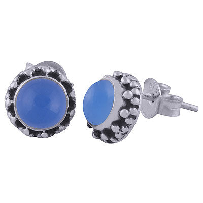 Beautiful Rawa Work Around Blue Chalcedony Round Shape 925 Sterling Solid Silver Studs Earrings - R6100410-64