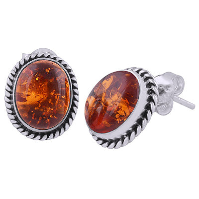 Authentic Wire Work Around Amber Oval Shape 925 Sterling Solid Silver Studs Earrings - R6100427-2