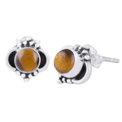 Beautiful Oxidised Rawa Work Around Tiger's Eye Round Shape 925 Sterling Solid Silver Stud Earrings - R6100434-86