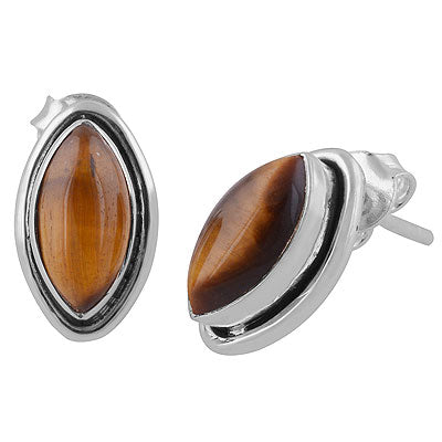 Stunning Oxidised Gemstones Around Tiger's Eye Marquise Shape 925 Sterling Solid Silver Studs Earrings - R6100512-10