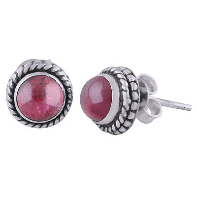 Stunning Rawa Pattern & Twisted Wire Around Garnet Round Shape 925 Sterling Solid Silver Stud Earrings - R6100525-2