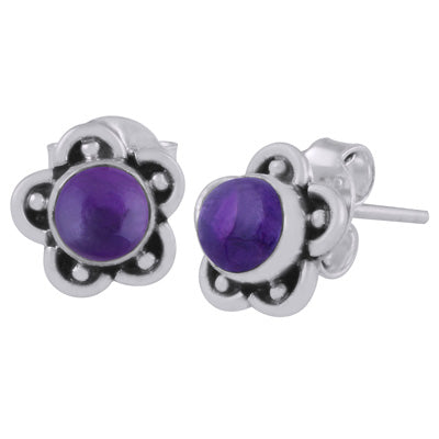 Beautiful Flower & Rawa Work Around Amethyst Round Shape 925 Sterling Solid Silver Studs Earrings - R6100526-21