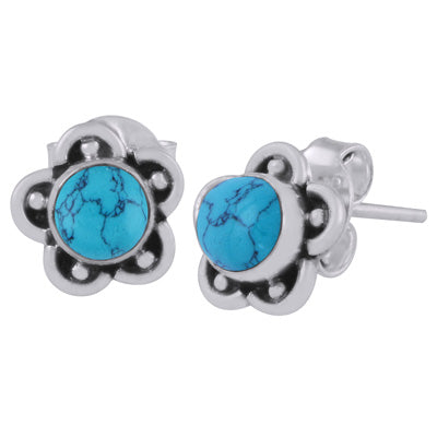 Beautiful Flower & Rawa Work Around Turquoise Round Shape 925 Sterling Solid Silver Studs Earrings - R6100526-23