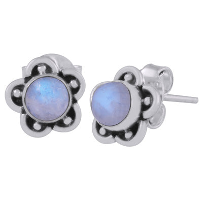 Beautiful Flower & Rawa Work Around Rainbow Moonstone Round Shape 925 Sterling Solid Silver Studs Earrings - R6100526-24