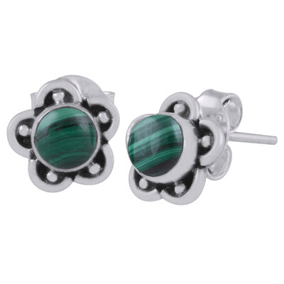 Beautiful Flower & Rawa Work Around Malachite Round Shape 925 Sterling Solid Silver Studs Earrings - R6100526-34