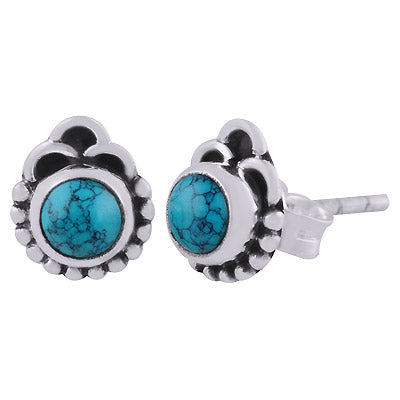 Authentic Rawa & Wire Work Around Turquoise Round Shape 925 Sterling Solid Silver Stud Earrings - R6100537-23