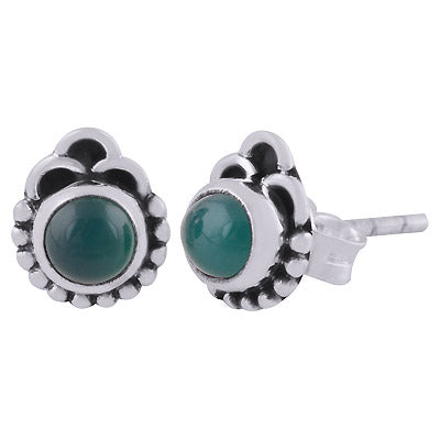Authentic Rawa & Wire Work Around Green Onyx Round Shape 925 Sterling Solid Silver Stud Earrings - R6100537-28