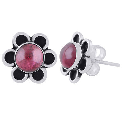 Stunning Oxidised Flower Garnet Round Shape 925 Sterling Solid Silver Stud Earrings - R6100550-2