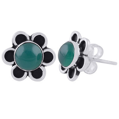 Stunning Oxidised Flower Green Onyx Round Shape 925 Sterling Solid Silver Stud Earrings - R6100550-8