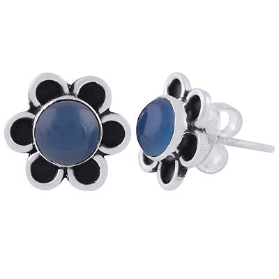 Stunning Oxidised Flower Blue Chalcedony Round Shape 925 Sterling Solid Silver Stud Earrings - R6100550-9