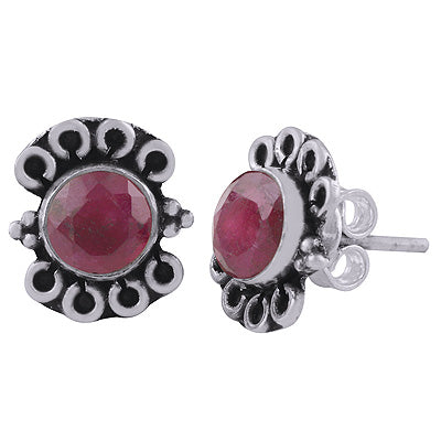 925 Sterling Silver Red Corundum Stud Earrings - R6100552-9