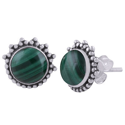 Beautiful Rawa Work Around Malachite Round Shape 925 Sterling Solid Silver Stud Earrings - R6100553-17