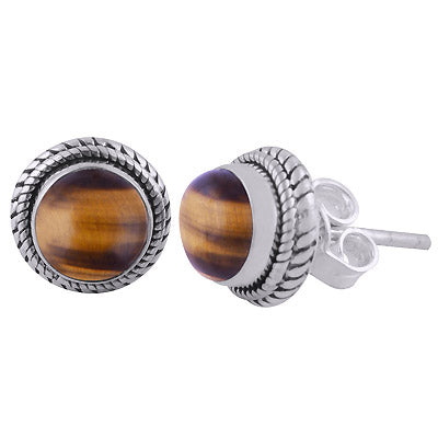 Alluring Twisted Wire Work Around Tiger's Eye Round Shape 925 Sterling Solid Silver Studs Earrings - R6100562-17