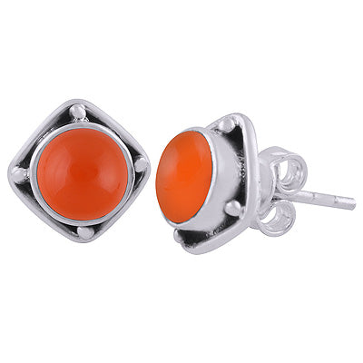 Alluring Oxidised Work Around Carnelian Round Shape 925 Sterling Solid Silver Stud Earrings - R6100563-11