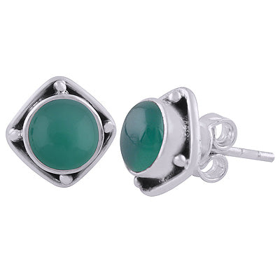Alluring Oxidised Work Around Green Onyx Round Shape 925 Sterling Solid Silver Stud Earrings - R6100563-12