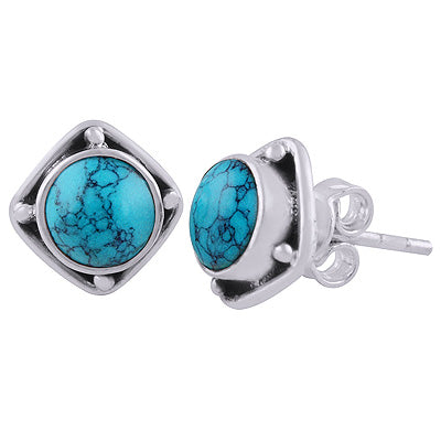 Alluring Oxidised Work Around Turquoise Round Shape 925 Sterling Solid Silver Stud Earrings - R6100563-3