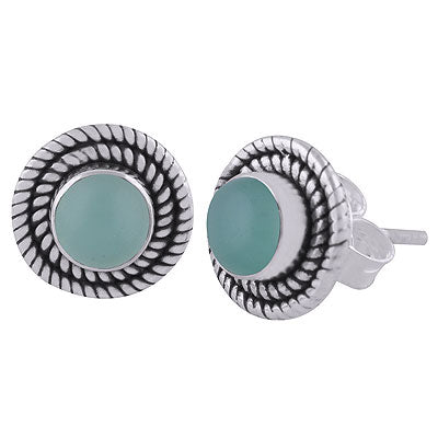Stunning Twisted Wire Work Around Aqua Chalcedony Round Shape 925 Sterling Solid Silver Stud Earrings - R6100565-17