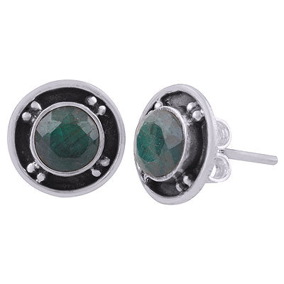 Gorgeous Oxidised Rawa Work Around Green Corundum Round Shape 925 Sterling Solid Silver Studs Earrings - R6100567-10
