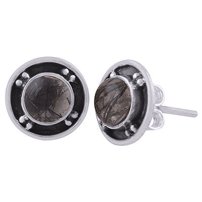 Gorgeous Oxidised Rawa Work Around Black Rutile Round Shape 925 Sterling Solid Silver Studs Earrings - R6100567-12