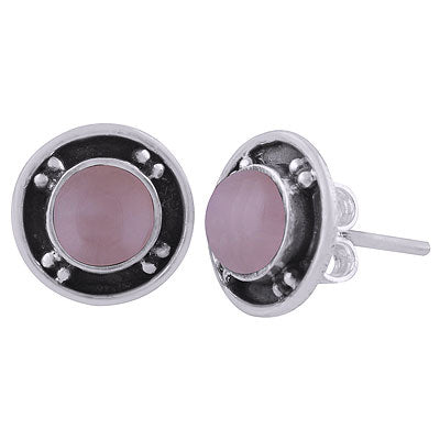 Gorgeous Oxidised Rawa Work Around Rose Quartz Round Shape 925 Sterling Solid Silver Studs Earrings - R6100567-13