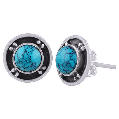 Gorgeous Oxidised Rawa Work Around Turquoise Round Shape 925 Sterling Solid Silver Studs Earrings - R6100567-3