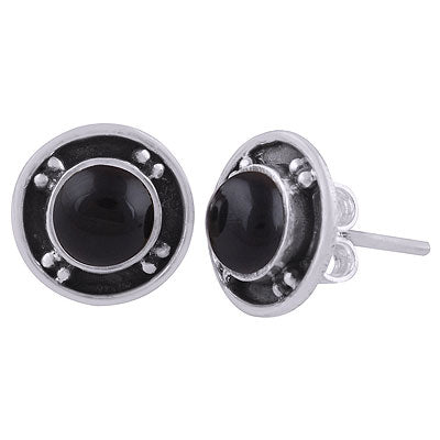 Gorgeous Oxidised Rawa Work Around Black Onyx Round Shape 925 Sterling Solid Silver Studs Earrings - R6100567-8