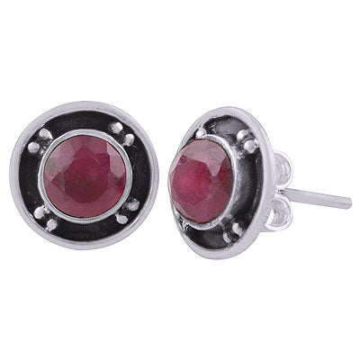 Gorgeous Oxidised Rawa Work Around Red Corundum Round Shape 925 Sterling Solid Silver Studs Earrings - R6100567-9