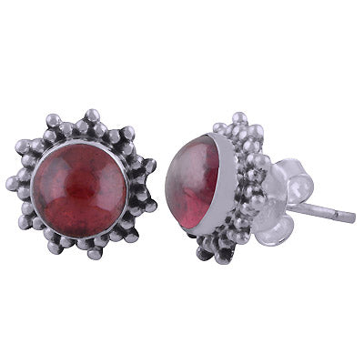 Stunning Rawa Work Around Garnet Round Shape 925 Sterling Solid Silver Stud Earrings - R6100570-2