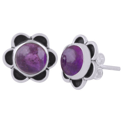 Beautiful Handcrafted Flower Amethyst Round Shape 925 Sterling Solid Silver Studs Earrings - R6100573-51