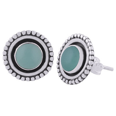 Gorgeous Rawa Work Around Aqua Chalcedony Round Shape 925 Sterling Solid Silver Studs Earrings - R6100579-15