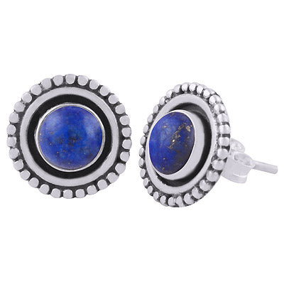 Gorgeous Rawa Work Around Lapis Round Shape 925 Sterling Solid Silver Studs Earrings - R6100579-6