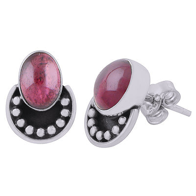 Alluring Rawa Work At Bottom Garnet Oval Shape 925 Sterling Solid Silver Studs Earrings - R6100589-2