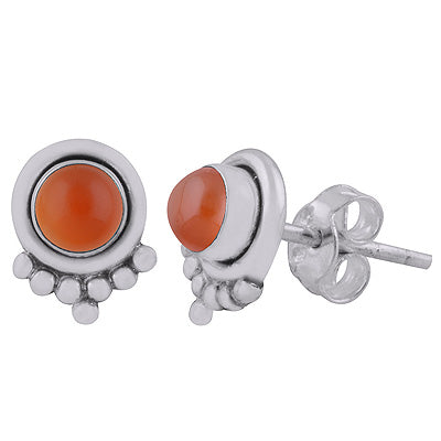 Beautiful Rawa Work at Bottom Carnelian Round Shape 925 Sterling Solid Silver Stud Earrings - R6100591-14