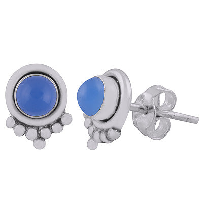 Beautiful Rawa Work at Bottom Blue Chalcedony Round Shape 925 Sterling Solid Silver Stud Earrings - R6100591-16
