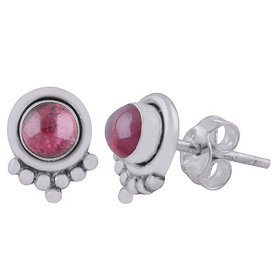 Beautiful Rawa Work at Bottom Garnet Round Shape 925 Sterling Solid Silver Stud Earrings - R6100591-2