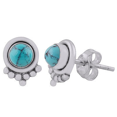 Beautiful Rawa Work at Bottom Turquoise Round Shape 925 Sterling Solid Silver Stud Earrings - R6100591-3