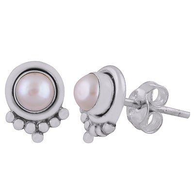 Beautiful Rawa Work at Bottom Pearl Round Shape 925 Sterling Solid Silver Stud Earrings - R6100591-8