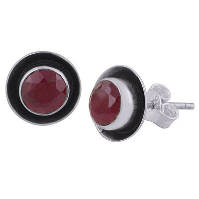 Beautifully Oxidised Around Red Corundum Round Shape 925 Sterling Solid Silver Studs Earrings - R6100593-11