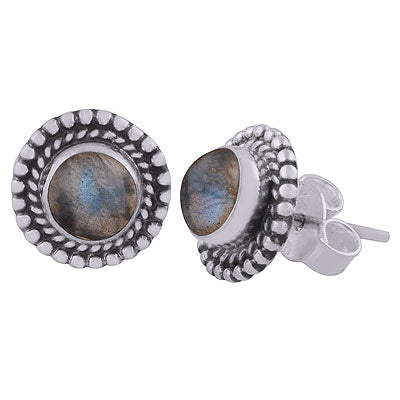 Gorgeous Textured Work Around Labradorite Round Shape 925 Sterling Solid Silver Studs Earrings - R6100594-6