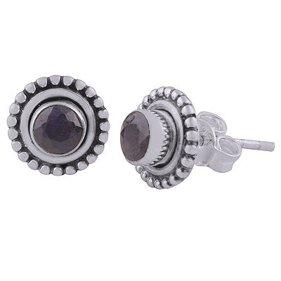Alluring Rawa Work Around Blue Corundum Round Shape 925 Sterling Solid Silver Studs Earrings - R6100595-12