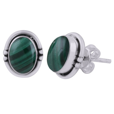 Stunning Handwork Around Malachite Oval Shape 925 Sterling Solid Silver Studs Earrings - R6100598-18