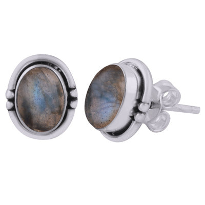 Stunning Handwork Around Labradorite Oval Shape 925 Sterling Solid Silver Studs Earrings - R6100598-5