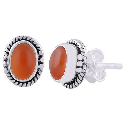 Beautifully Handcrafted Work Around Carnelian Oval Shape 925 Sterling Solid Silver Stud Earrings - R6100601-13